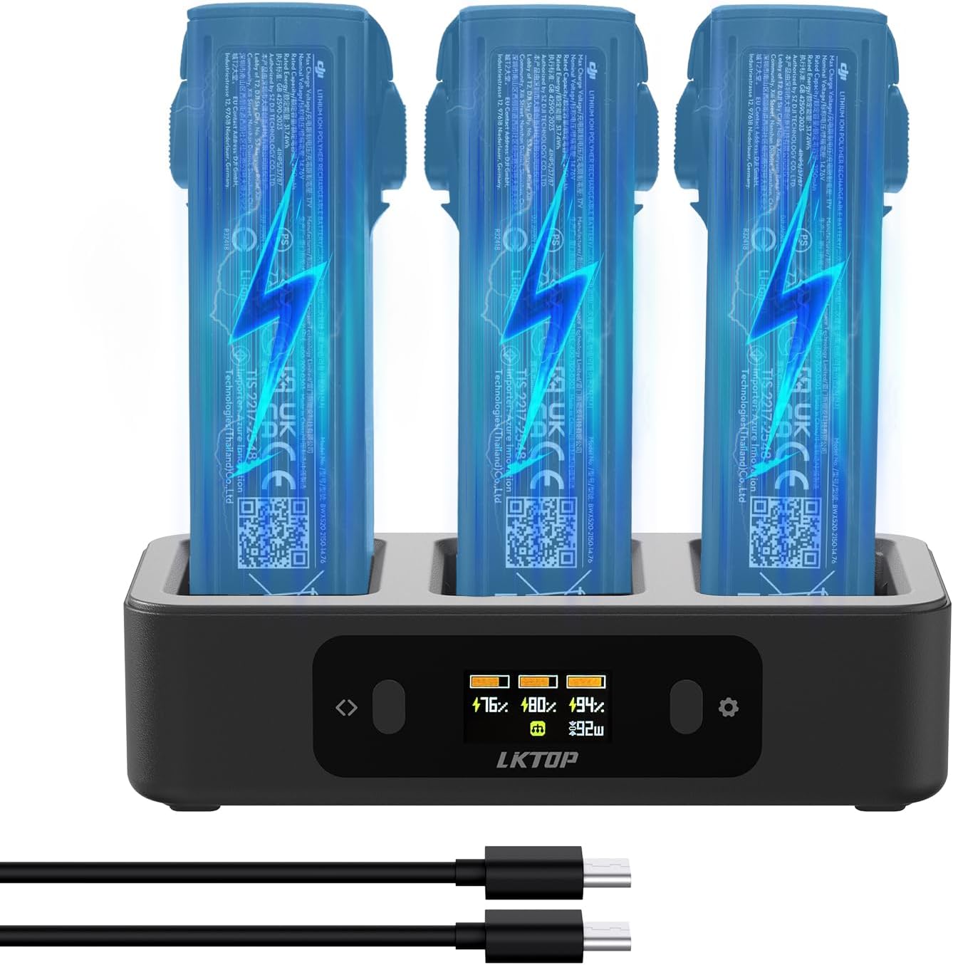 LKTOP 100W Avata 2 Battery Charging Hub, Two-Way USB-C Fast Charger with LED Screen Display (2X Fast, Parallel Charge 3 Batteries: 1 hr 10min)