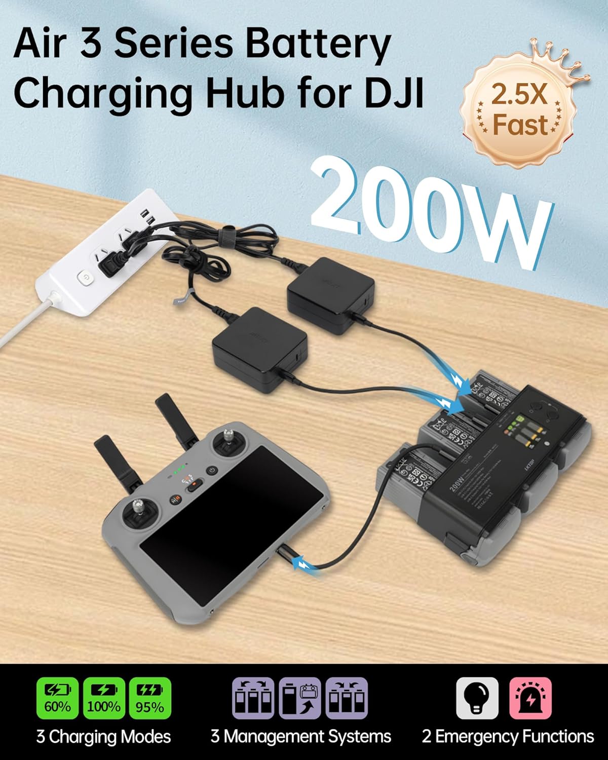 LKTOP 200W Air 3 Series Battey Charging Hub for DJI/Specta Air 3 Series Drone, with Gather Average Electricity/Fast Charging/Storage/LED/Alarm Mode, LED Display Screen