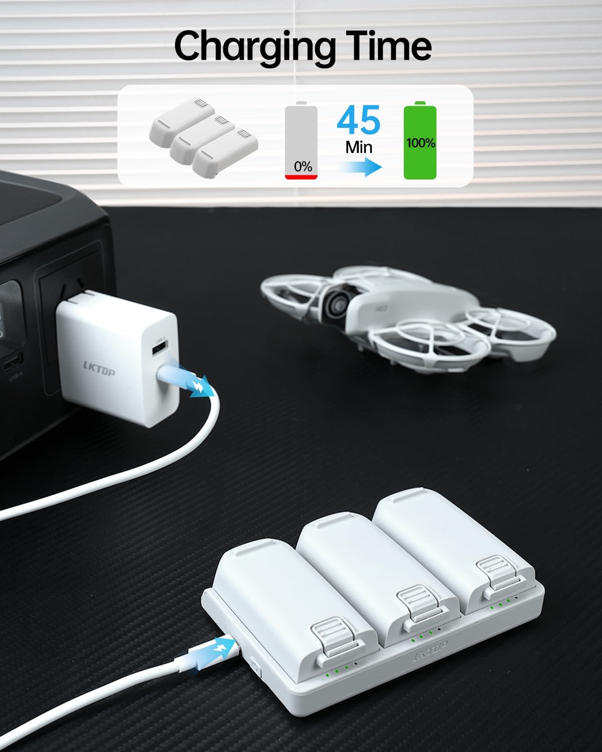LKTOP 65W Neo Two-Way Charging Hub , Fast Battery Charger for DJI Neo Drone Accessories, with Storage/Output Mode, C to C Cable (Parallel Charge 3 Batteries: 45 min)