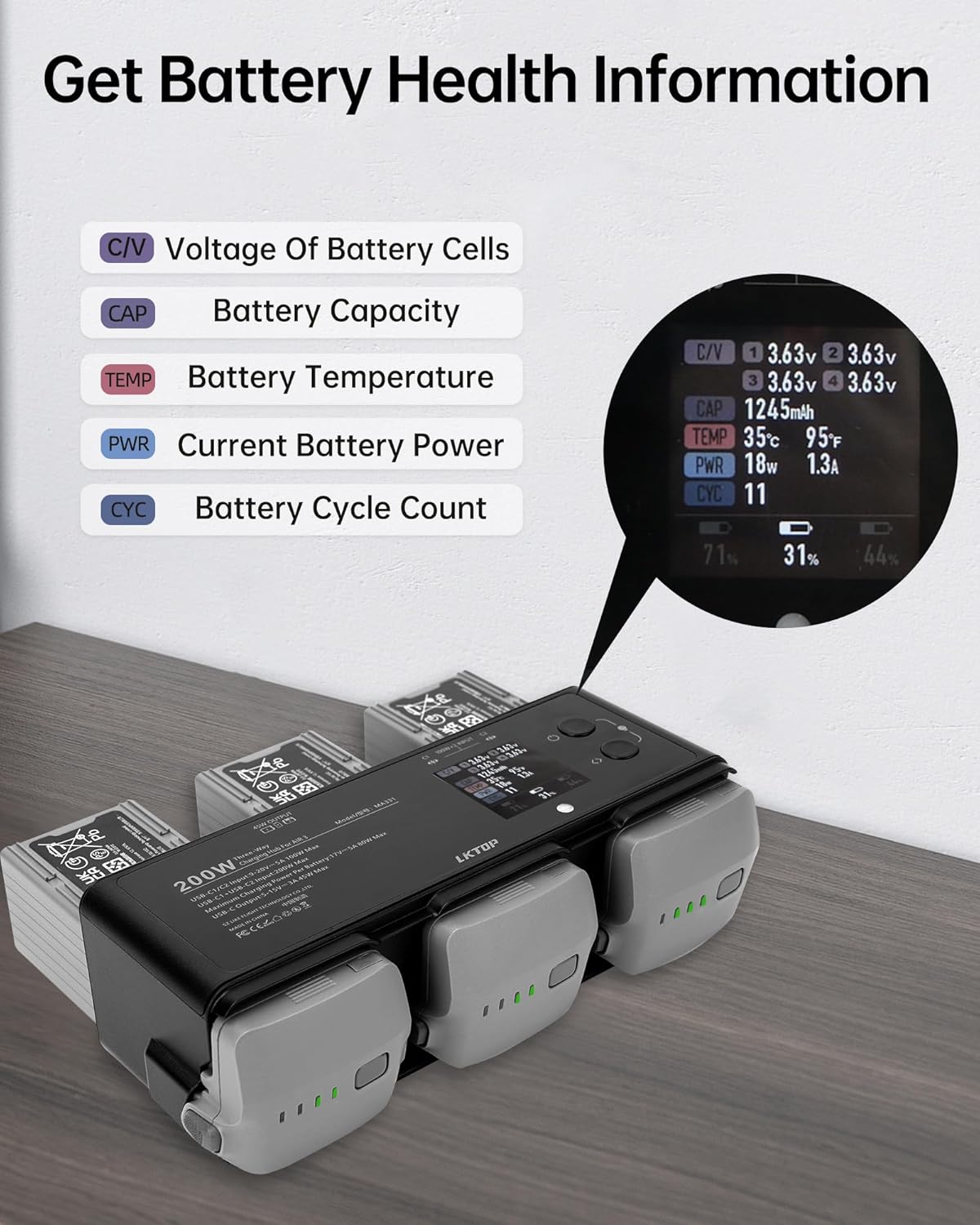 LKTOP 200W Air 3 Series Battey Charging Hub for DJI/Specta Air 3 Series Drone, with Gather Average Electricity/Fast Charging/Storage/LED/Alarm Mode, LED Display Screen