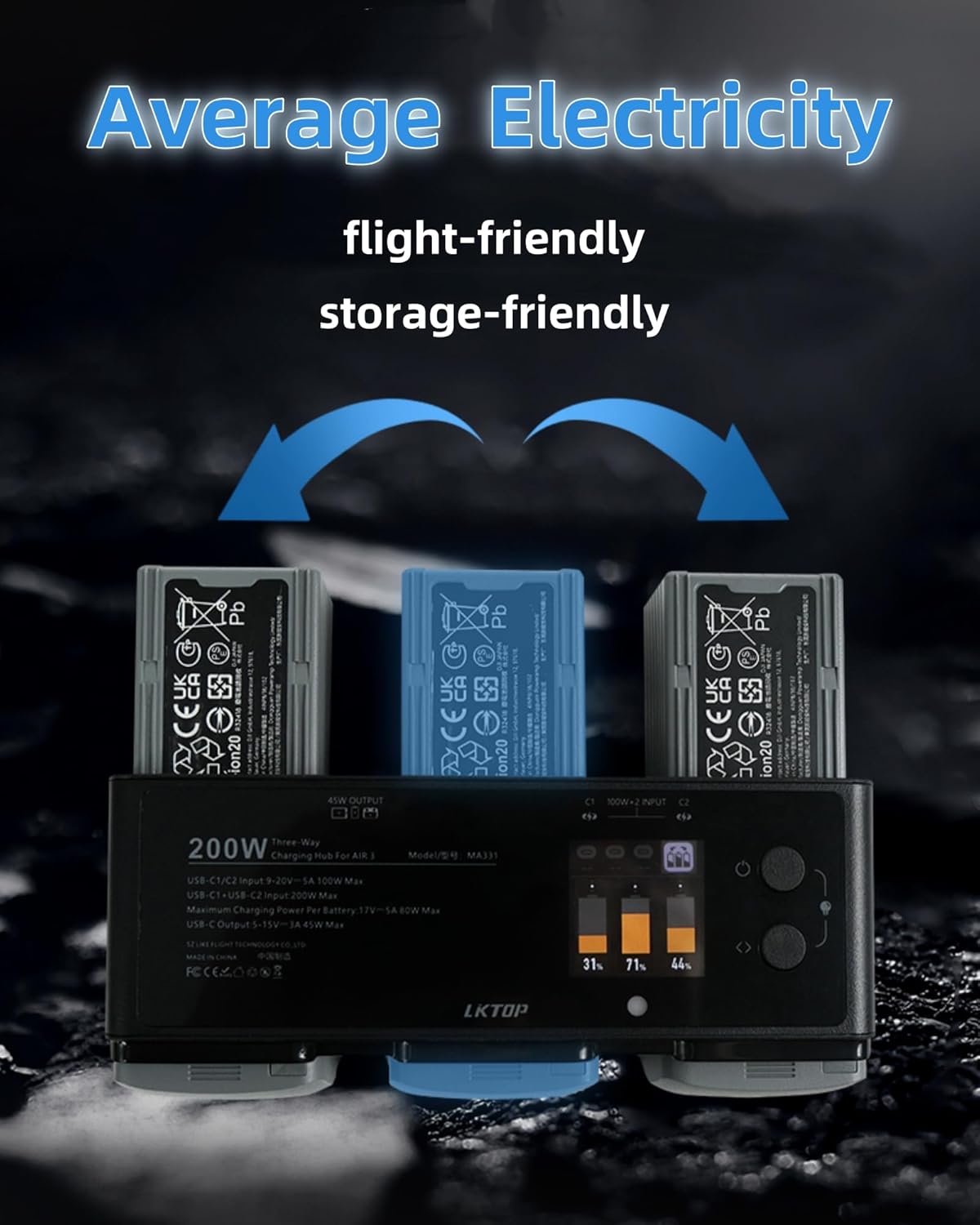LKTOP 200W Air 3 Series Battey Charging Hub for DJI/Specta Air 3 Series Drone, with Gather Average Electricity/Fast Charging/Storage/LED/Alarm Mode, LED Display Screen