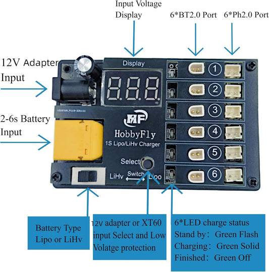 1S LiPo / LiHV Battery Charger Board 6 Ports with BT2.0/PH2.0 Connector