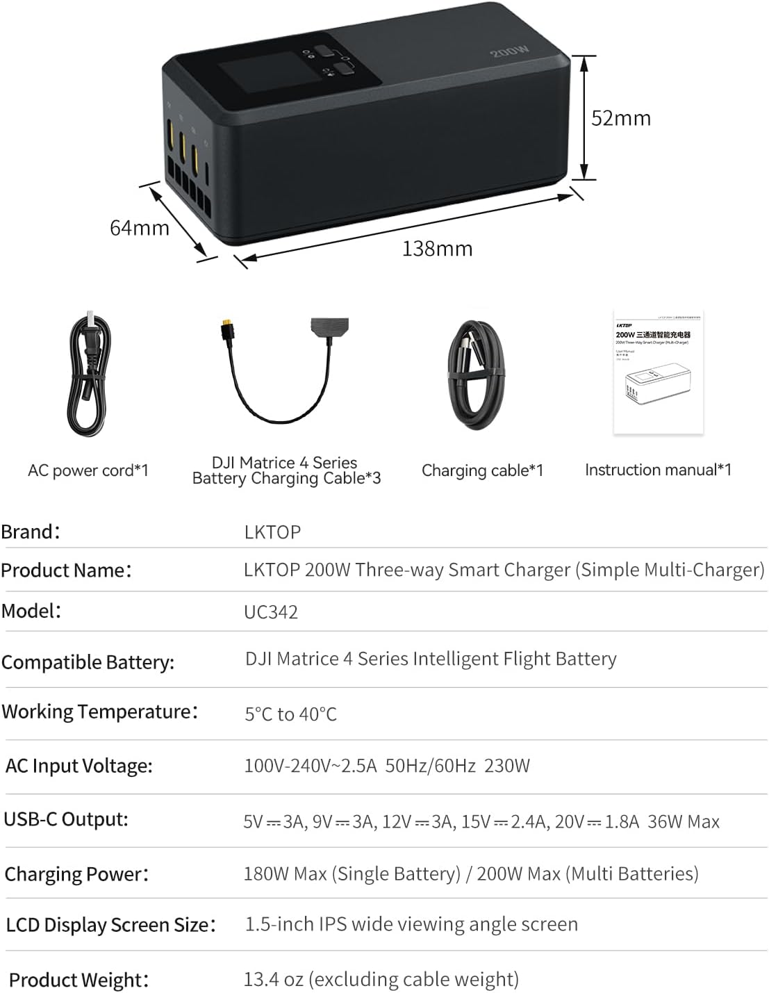 LKTOP 200W Matrice 4 Series Battery Charging Hub for DJI Matrice 4T/4E