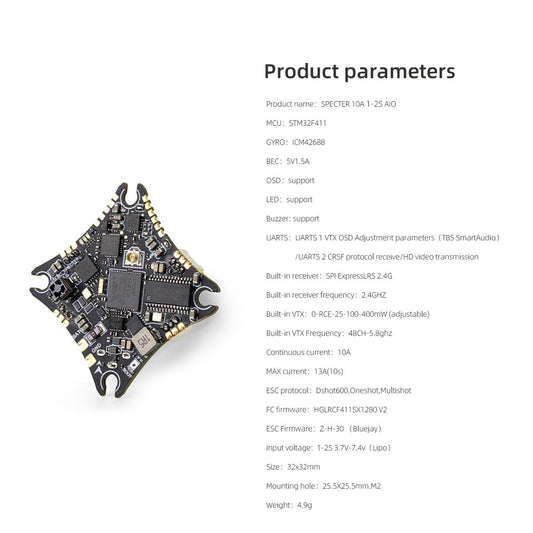 HGLRC SPECTER 10A 1-2S ELRS AIO VTX 400mW F411 Flight Control 10A BL_S 5 in 1 FC