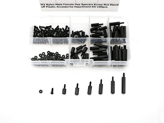 180 Pcs M2 Nylon Hex Nuts Screws Spacers Standoff Plastic Accessories Assortment Kit,Black