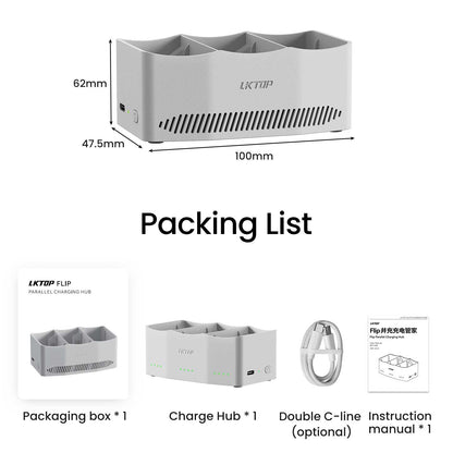 LKTOP 65W Flip Parallel Charging Hub, Three-Way Battery Charger with Storage Mode, Compatible with DJI Flip,  Charge 3 Batteries Simultaneously in just 86 Min