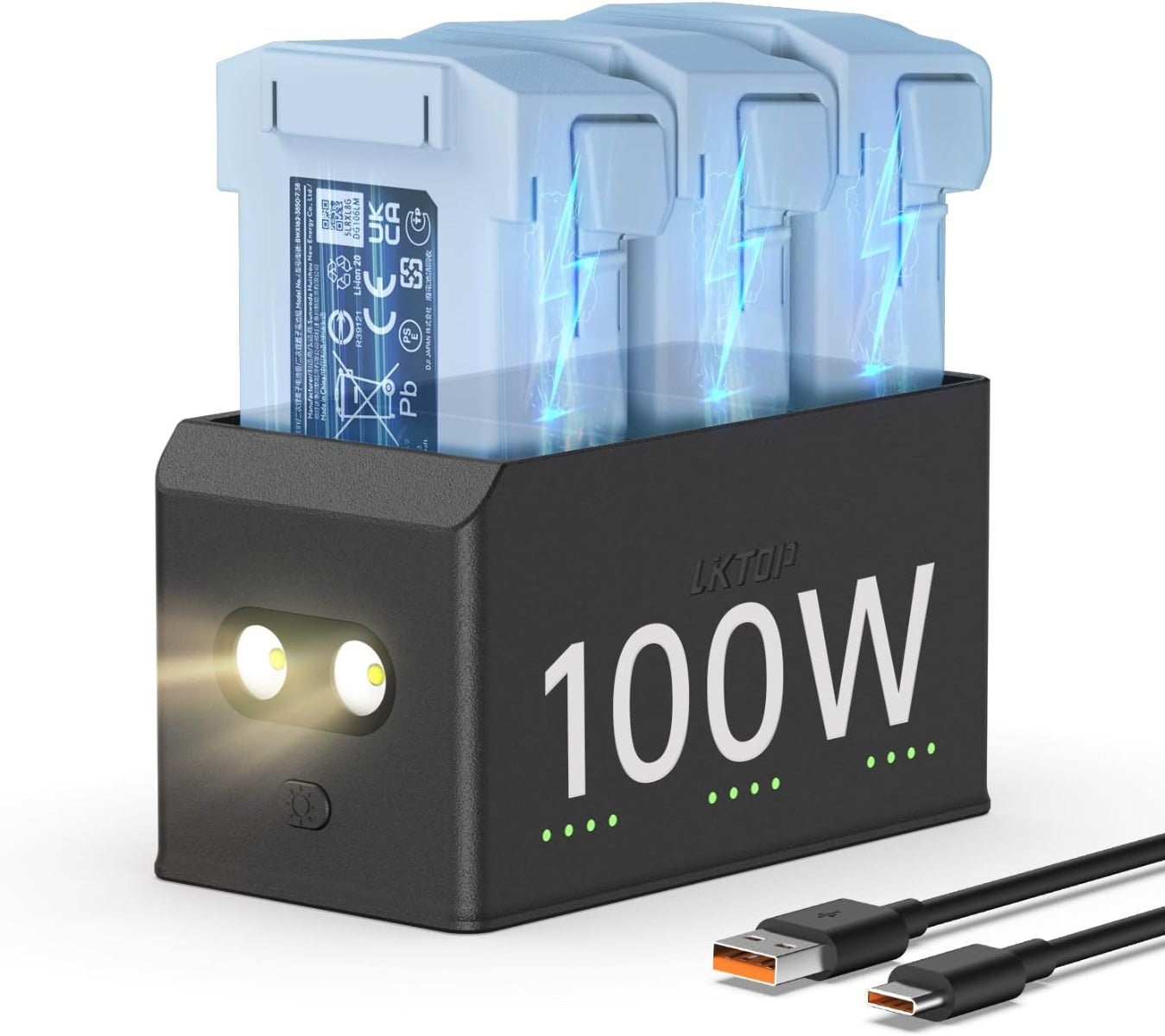 LKTOP 100W Mini 4 Pro/Mini 3 Series Battery Charging Hub  (3X Fast Charging) for DJI Mini4 Pro/3 Pro/3 Drone Accessories Charger with Storage LED Lights Alarm Mode (Charge 3 Batteries Simultaneously)