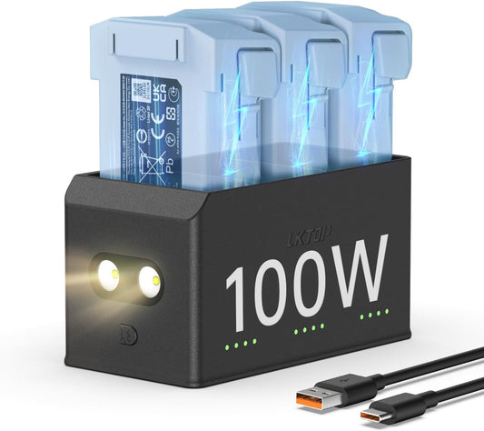 LKTOP 100W Mini 4 Pro/Mini 3 Series Battery Charging Hub  (3X Fast Charging) for DJI Mini4 Pro/3 Pro/3 Drone Accessories Charger with Storage LED Lights Alarm Mode (Charge 3 Batteries Simultaneously)