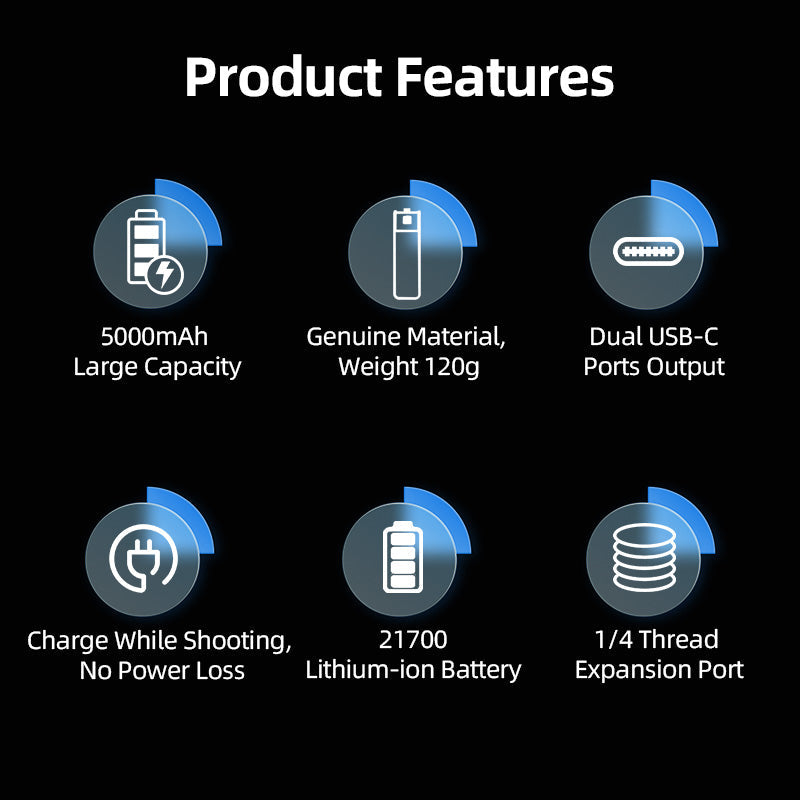 LKTOP Osmo Pocket 3 5000mAh Battery Handle , 22.5W Fast Charging, Built-in 5000mAh Battery, Reserved 1/4” Thread
