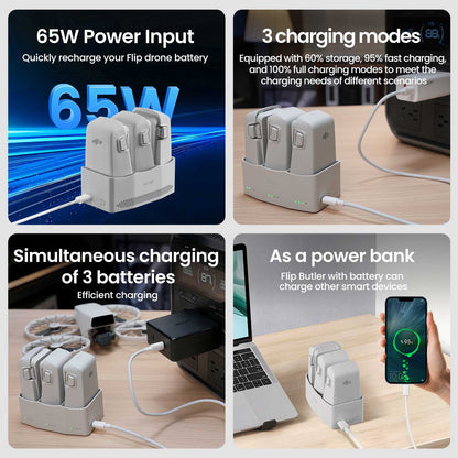 LKTOP 65W Flip Parallel Charging Hub, Three-Way Battery Charger with Storage Mode, Compatible with DJI Flip,  Charge 3 Batteries Simultaneously in just 86 Min