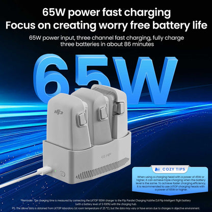 LKTOP 65W Flip Parallel Charging Hub, Three-Way Battery Charger with Storage Mode, Compatible with DJI Flip,  Charge 3 Batteries Simultaneously in just 86 Min