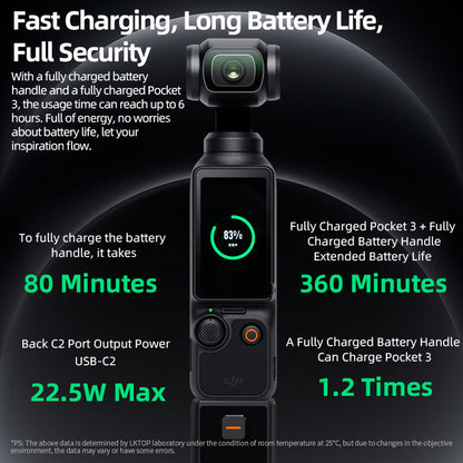 LKTOP Osmo Pocket 3 5000mAh Battery Handle , 22.5W Fast Charging, Built-in 5000mAh Battery, Reserved 1/4” Thread