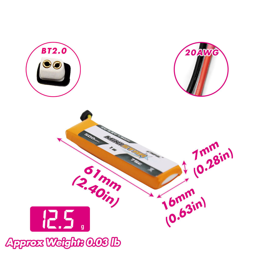 CNHL MiniStar HV 500mAh 3.8V 1S 75C Lipo Battery with BT2.0 Plug