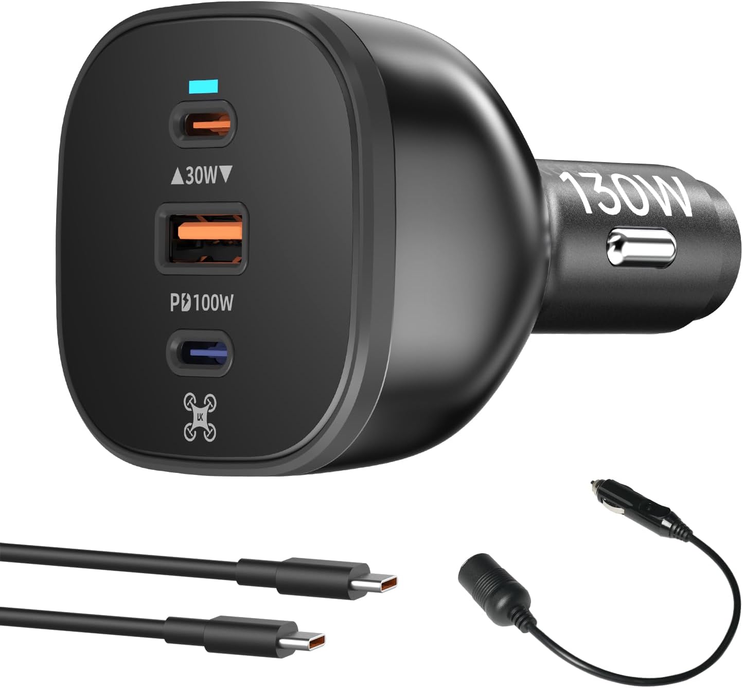 130W Drone Car Charger for DJI, 3-Port USB-C/USB-A Fast Charger, Battrey Power Adapter for DJI Mini/Air/Mavic 4 Pro/Mavic 3/Avata/Flip/Neo Series Drone, Charging Hub, Controller Accessories