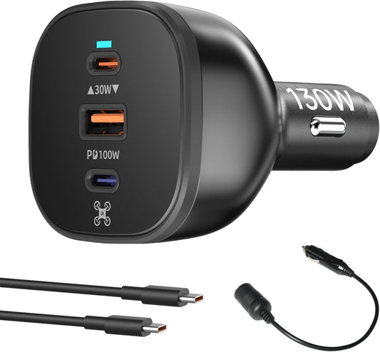 130W Drone Car Charger for DJI, 3-Port USB-C/USB-A Fast Charger, Battrey Power Adapter for DJI Mini/Air/Mavic 4 Pro/Mavic 3/Avata/Flip/Neo Series Drone, Charging Hub, Controller Accessories