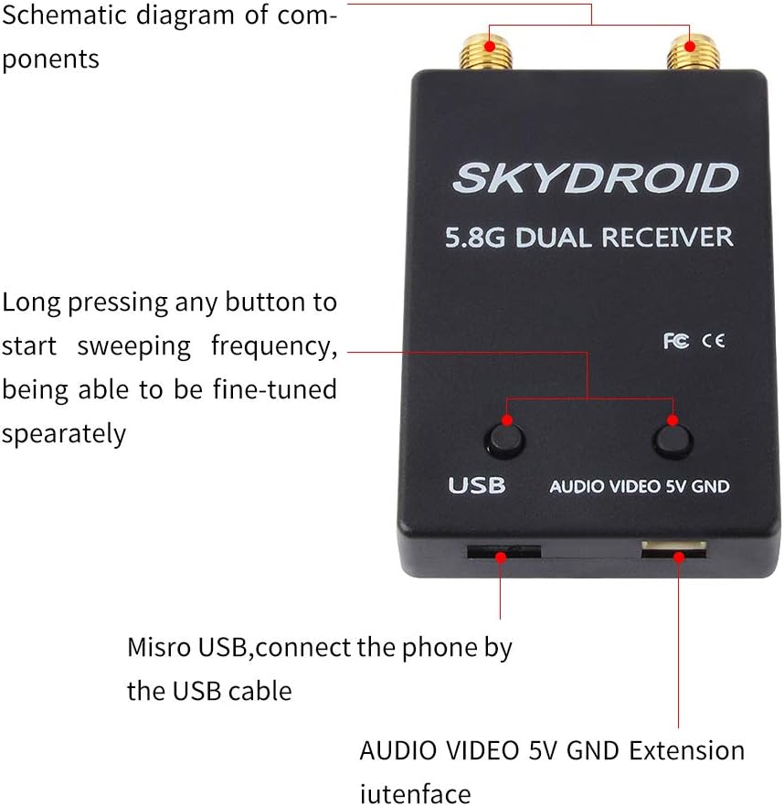 UVC Dual Antenna Control Receiver OTG 5.8G 150CH Full Channel FPV Receiver W/Audio for Android Smartphone (Black)