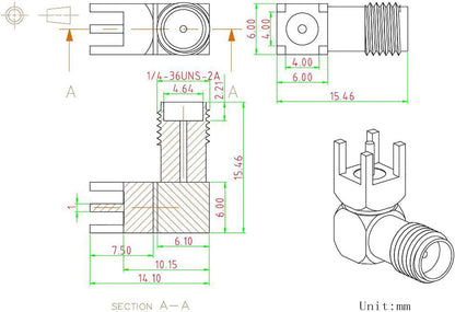 Superbat SMA Connectors Right Angle SMA Female PCB Edge Mount Connector Solder RF Coaxial Adapter