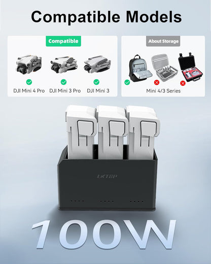 LKTOP 100W Mini 4 Pro/Mini 3 Series Battery Charging Hub  (3X Fast Charging) for DJI Mini4 Pro/3 Pro/3 Drone Accessories Charger with Storage LED Lights Alarm Mode (Charge 3 Batteries Simultaneously)