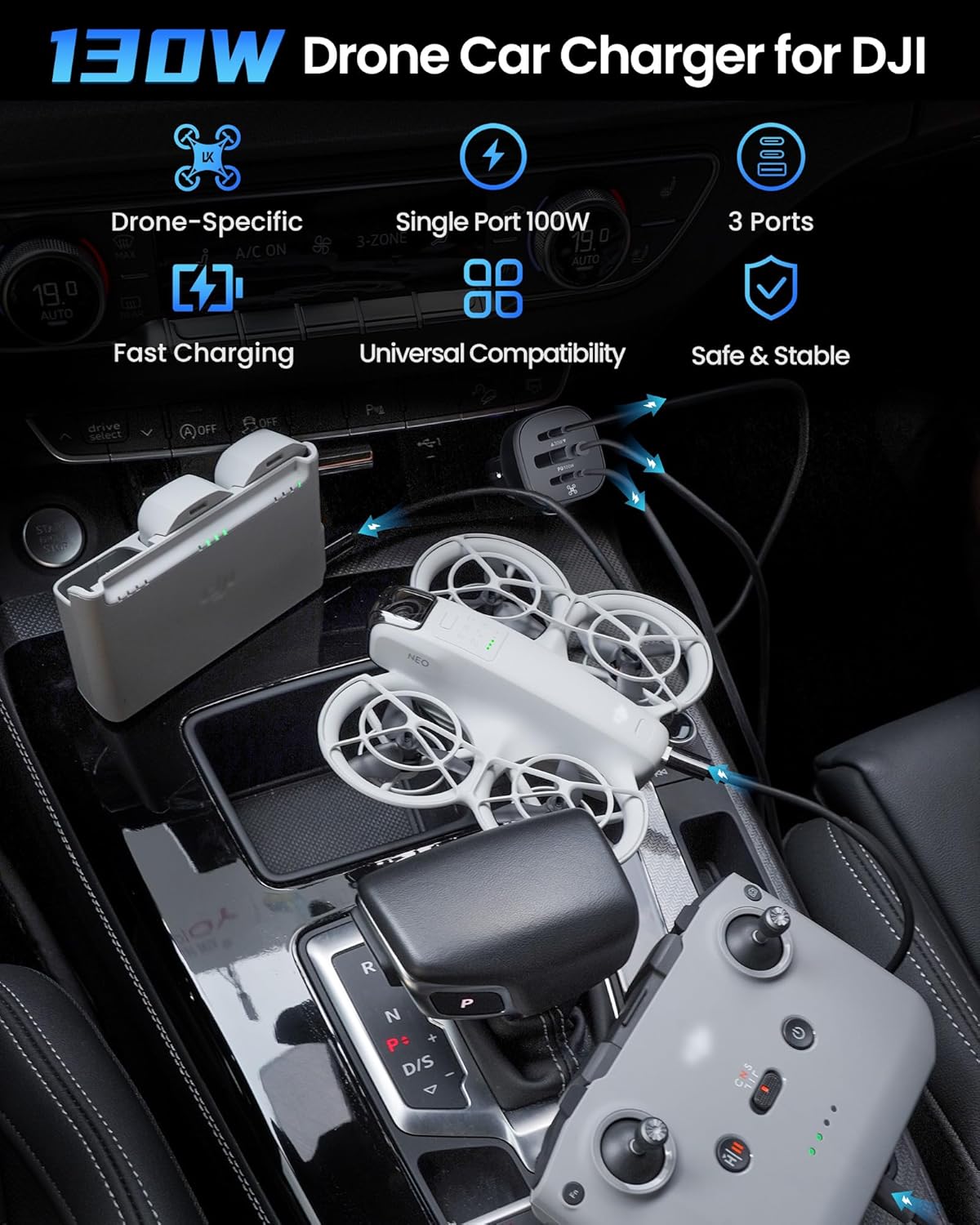 130W Drone Car Charger for DJI, 3-Port USB-C/USB-A Fast Charger, Battrey Power Adapter for DJI Mini/Air/Mavic 4 Pro/Mavic 3/Avata/Flip/Neo Series Drone, Charging Hub, Controller Accessories