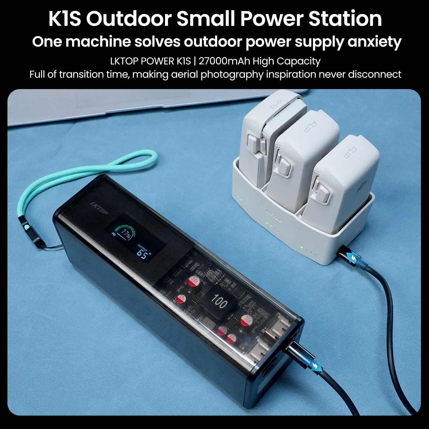 LKTOP 65W Flip Parallel Charging Hub, Three-Way Battery Charger with Storage Mode, Compatible with DJI Flip,  Charge 3 Batteries Simultaneously in just 86 Min