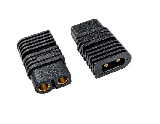 Two black electrical connectors with gold contacts on a light gray background