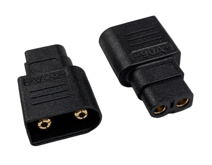 Two black electrical connectors on a gray background