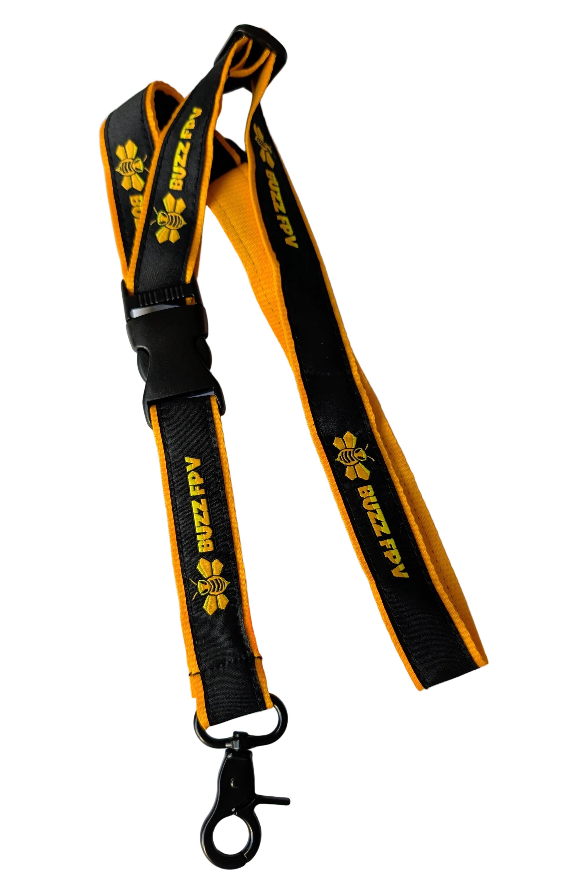 Black and yellow lanyard with 'Buzzzy' branding on a white background