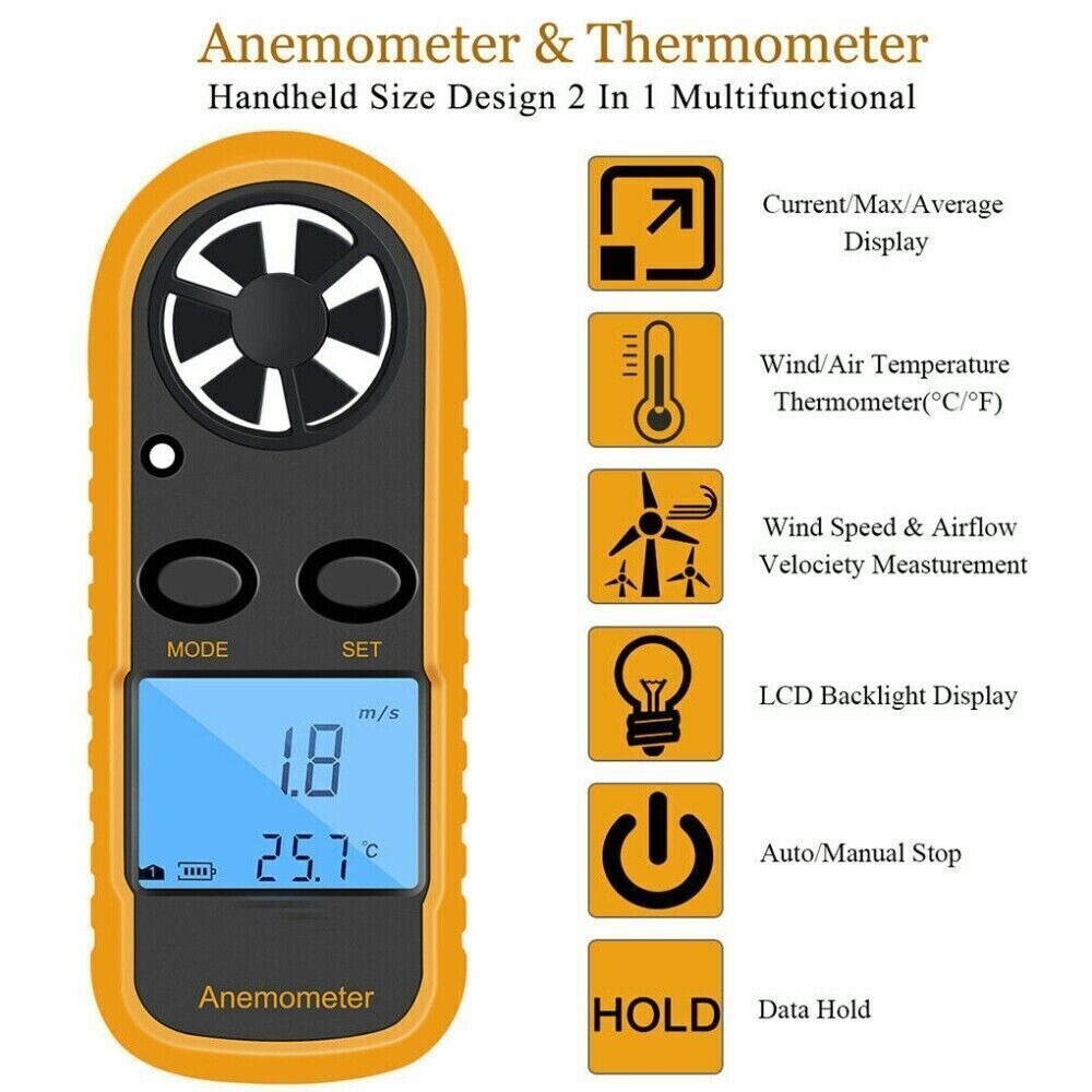 Digital Anemometer Wind Speed Mini Air Velocity Airflow Temperature with LCD Backlight Wind Speed Meter