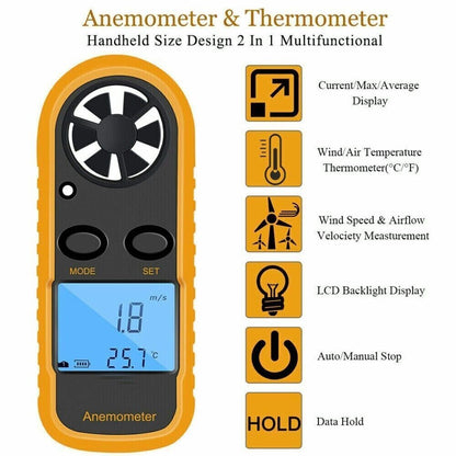 Digital Anemometer Wind Speed Mini Air Velocity Airflow Temperature with LCD Backlight Wind Speed Meter