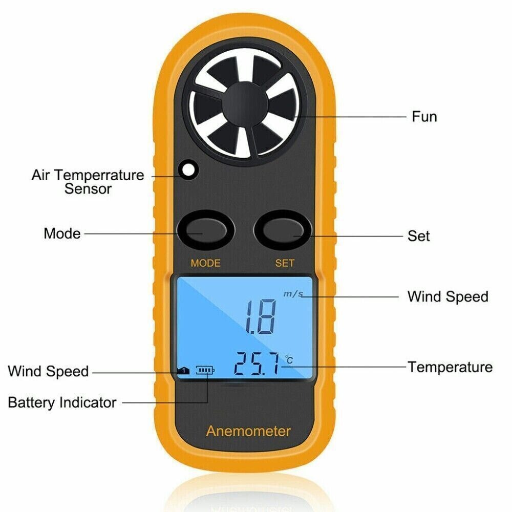Digital Anemometer Wind Speed Mini Air Velocity Airflow Temperature with LCD Backlight Wind Speed Meter