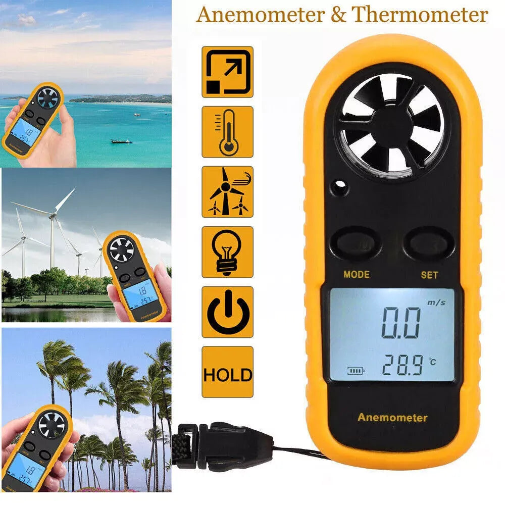 Digital Anemometer Wind Speed Mini Air Velocity Airflow Temperature with LCD Backlight Wind Speed Meter