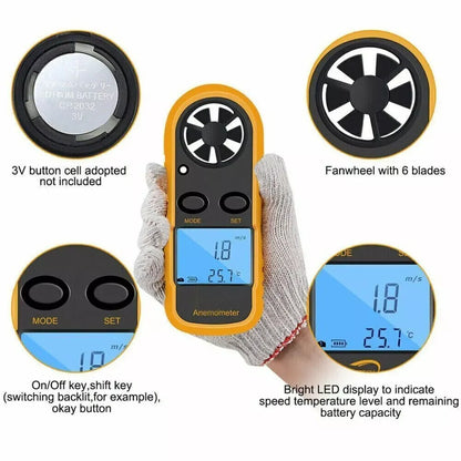 Digital Anemometer Wind Speed Mini Air Velocity Airflow Temperature with LCD Backlight Wind Speed Meter
