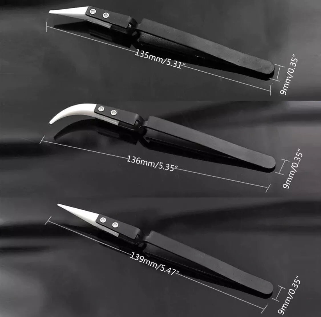 3x Anti-static Heat Resistant Tweezers Ceramic Reverse Tweezers Curved Straight