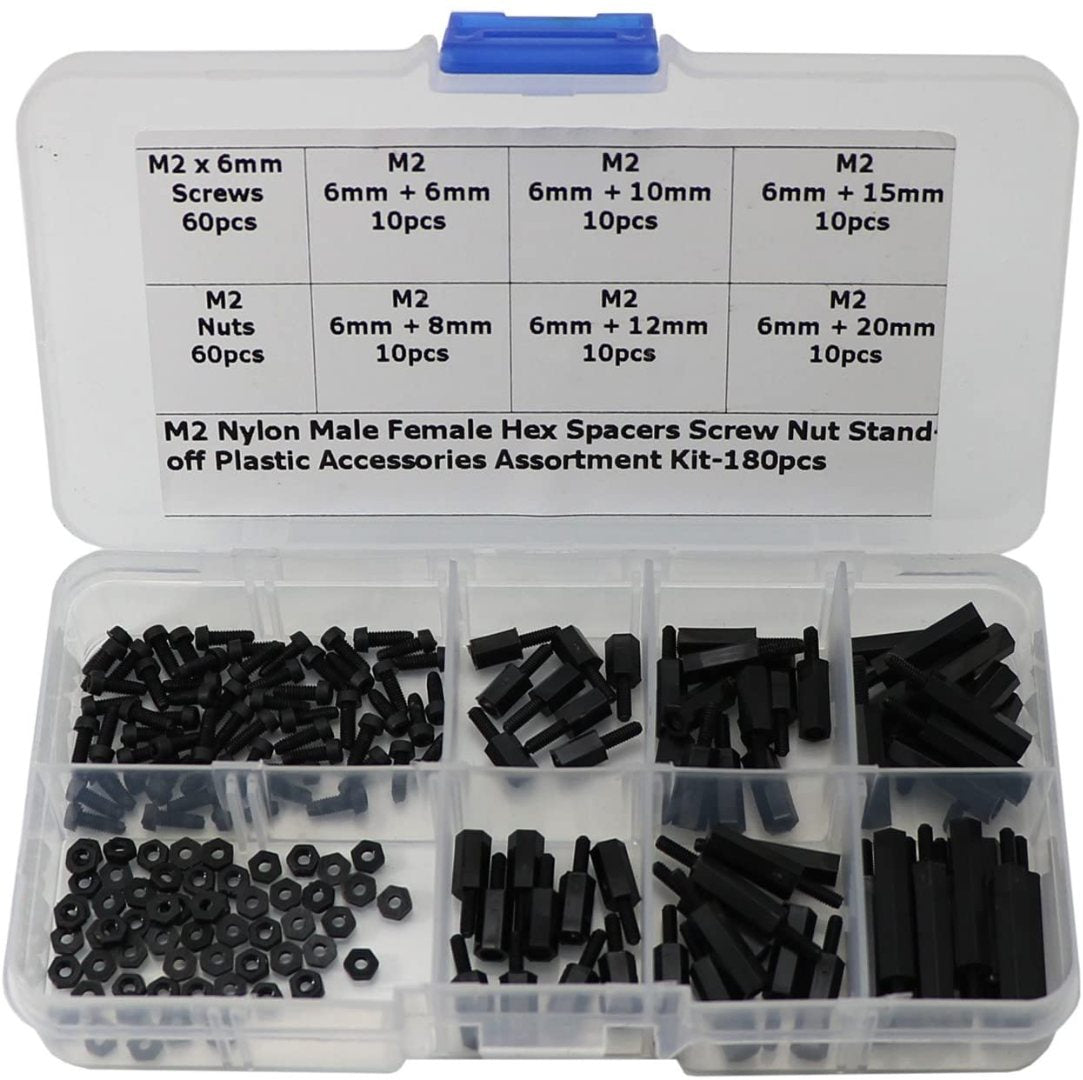 180 Pcs M2 Nylon Hex Nuts Screws Spacers Standoff Plastic Accessories Assortment Kit,Black