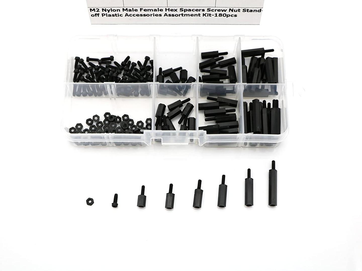 180 Pcs M2 Nylon Hex Nuts Screws Spacers Standoff Plastic Accessories Assortment Kit,Black