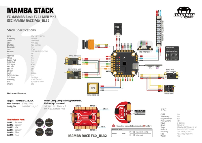 DIATONE MAMBA RACE F722 MINI MK3 60A 3-6S 32BIT FLIGHT CONTROLLER STACK 20*20MM/M2