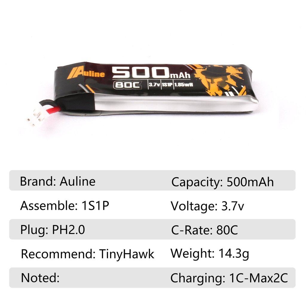 Auline 500mAh 1S 80C 3.7V LiPo Battery PH2.0