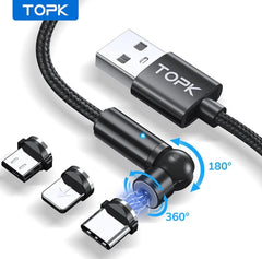 TOPK AM68 2m Fast Charging USB Magnetic Rotation Micro USB+Lightning+Type C